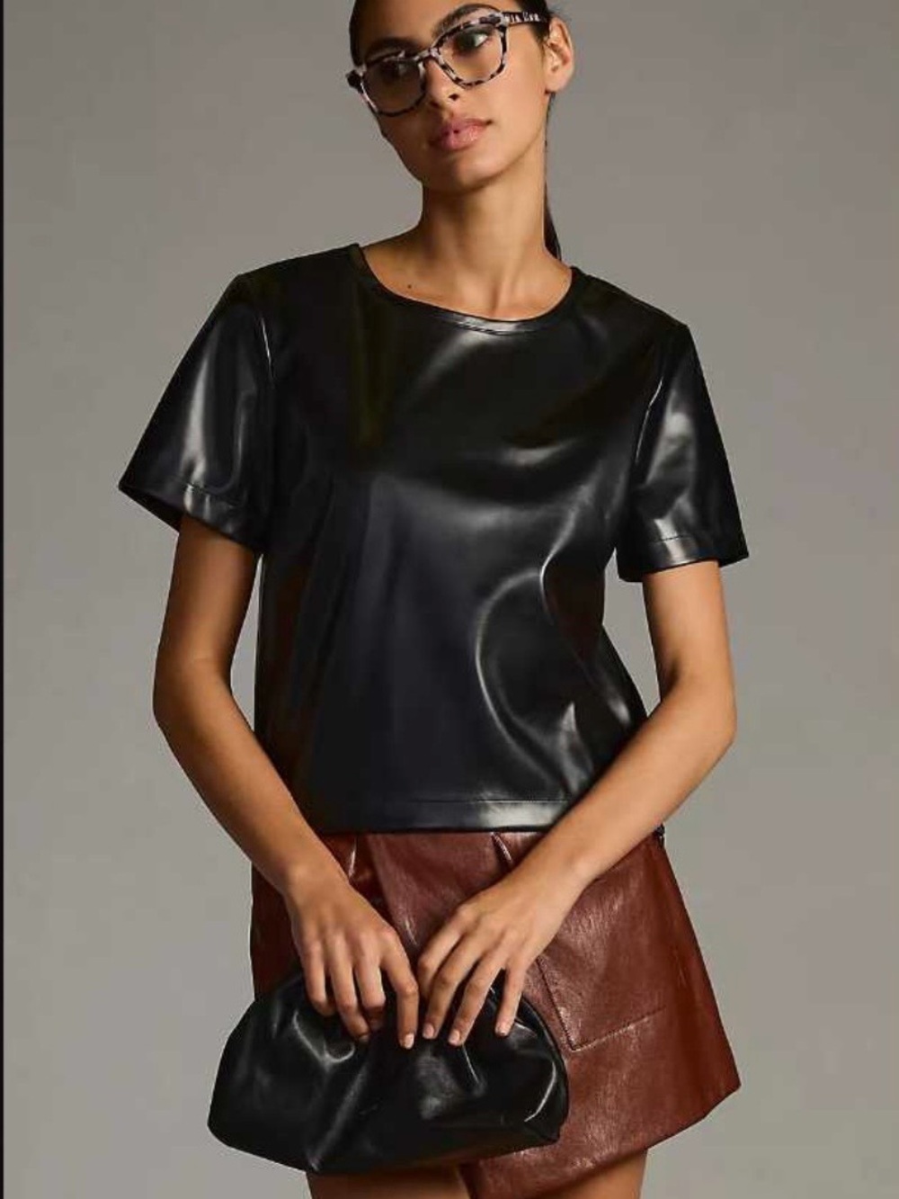 NWT Anthropologie Black Faux Leather Short Sleeve Top Goth Industrial Rave M
